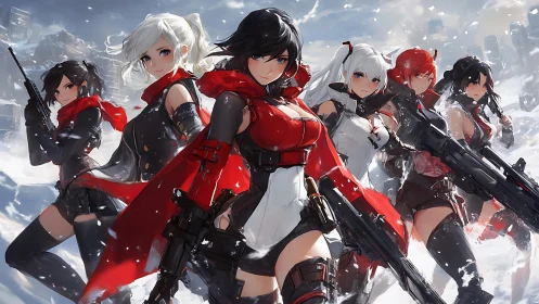 Confident anime heroines stride forward through a snowy battlefield.