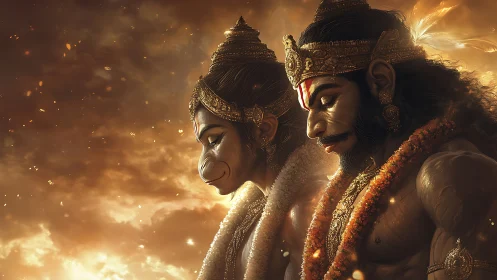 Divine warriors bow in golden light of sacred devotion