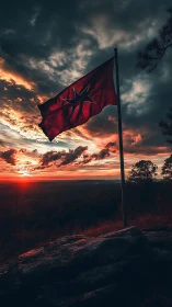 Storm-red banner catching firelight above a brooding horizon.