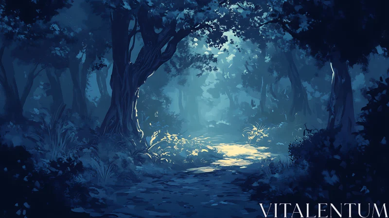 Enchanted Forest Path Bathed in Ethereal Blue Light.