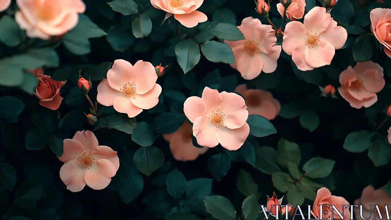 Peach Garden Roses: Layered Floral Composition with Dark Foliage.