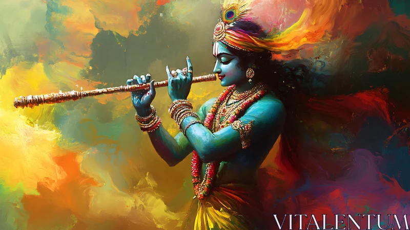 Mythic blue flutist in swirling polychrome devotional aura