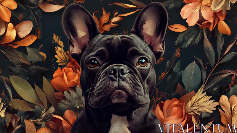 Gentle French bulldog framed by lush autumn florals.