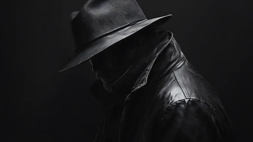 Low key silhouette of trench coat figure in rim lighting.