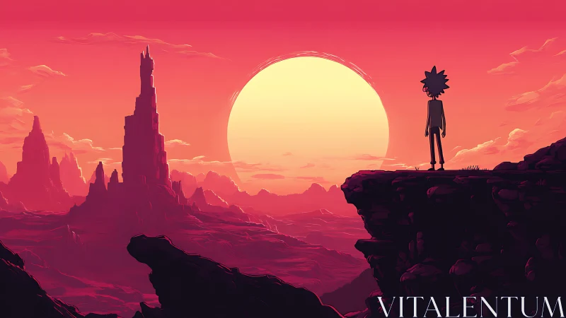 Silhouetted figure on alien mesa at oversized setting sun