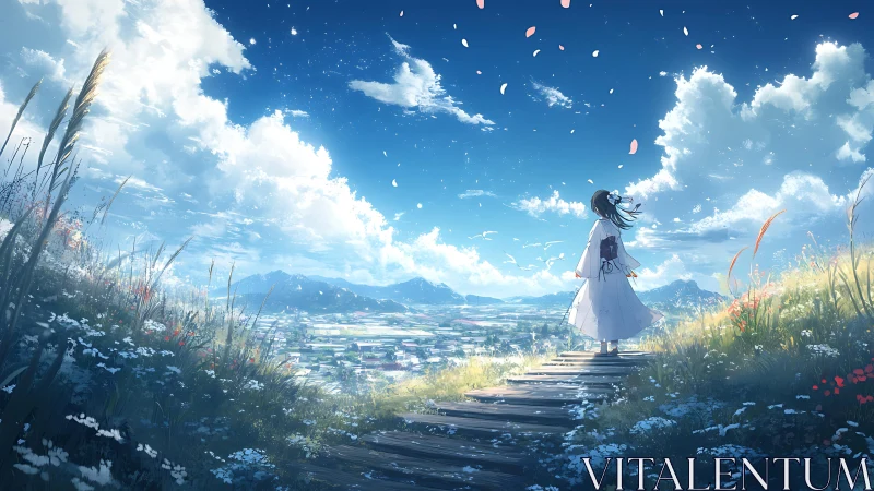 Girl on hillside path overlooking bright valley landscape.