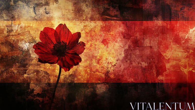 Single red flower on textured red and yellow abstract field.