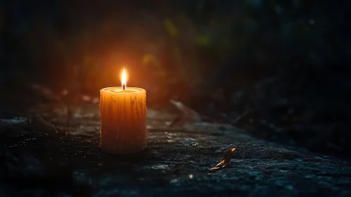 Lit Pillar Candle with Dynamic Flame Against Dark Ground