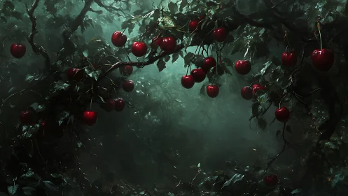 Enchanted forest canopy of luminous midnight cherries.