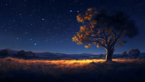 Starlit prairie sentinel crowned in ember-gold midnight glow.