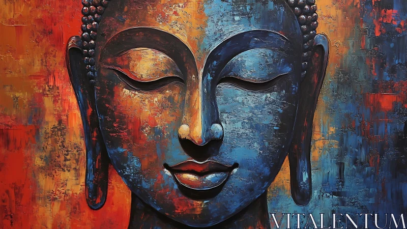 Textured blue Buddha portrait with warm orange impasto field