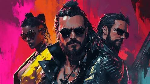 Neon-soaked cyber crew posed in vivid triadic composition.