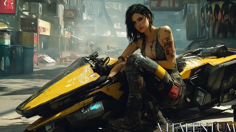 Cyberpunk courier resting on yellow hoverbike in alleyway.