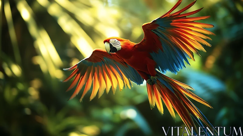 Vibrant Scarlet Macaw in Flight Amid Lush Jungle Light, Photorealistic.