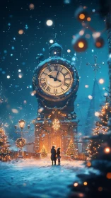 Snowy town clock tower with illuminated winter decorations.