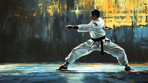 Martial artist holds deep stance before abstract painted wall