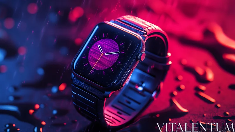 Smartwatch is positioned on wet surface under neon lighting