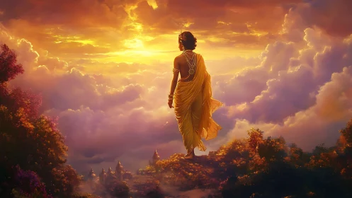 Golden-robed figure surveys celestial sunrise above clouds