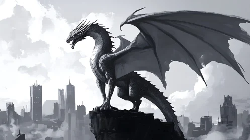 Steel‑scaled dragon crowns a ruined city in stormlight