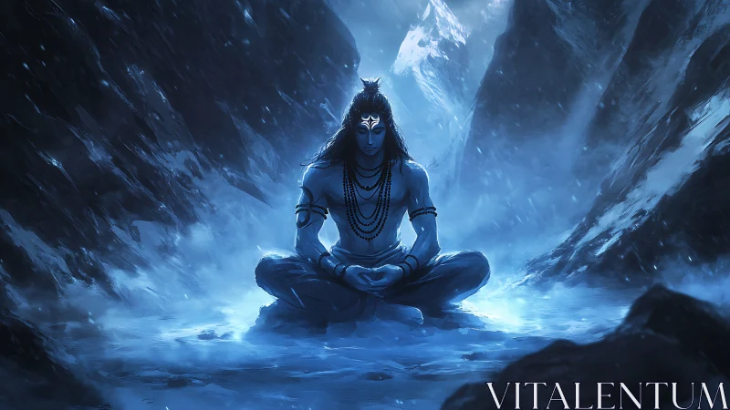Blue-lit ascetic figure meditating amid glacial mountain pass