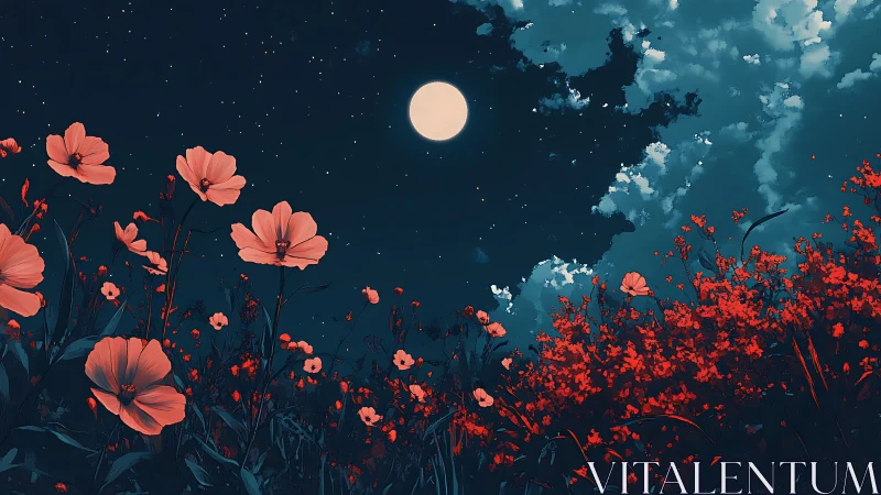Nocturnal Meadow: Luminous Cosmos and Coral Flowers Under Full Moon