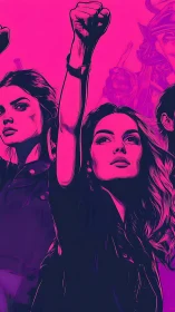 Fist-raised women in neon magenta protest poster illustration.
