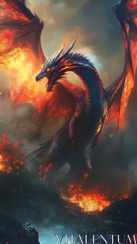 Fiery dragon rendered above volcanic terrain in vertical frame