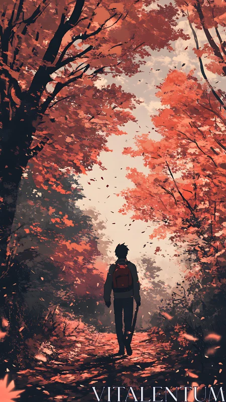 Solitary hiker on forest path under dense autumn foliage.