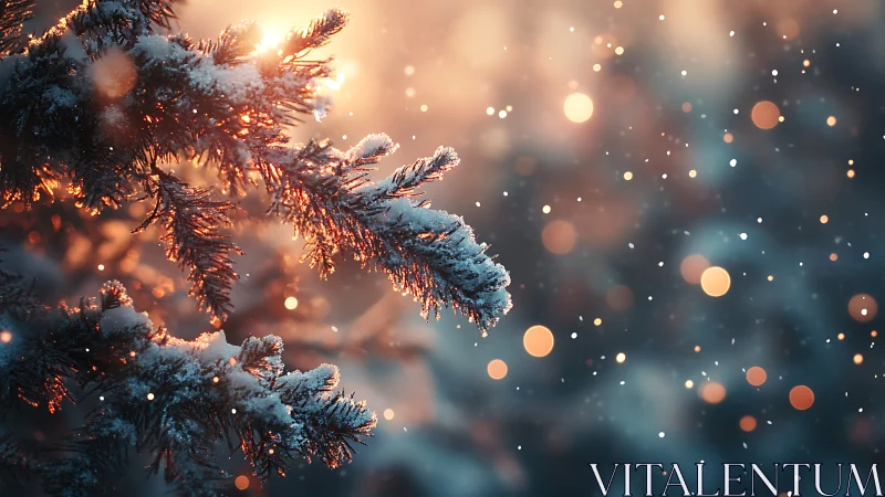 Snow dusted fir branches glow in warm winter twilight light