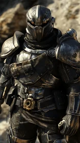 Armored wanderer poised between battle grit and quiet resolve.