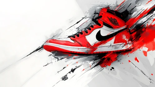 Red and white athletic shoe in abstract digital composition.