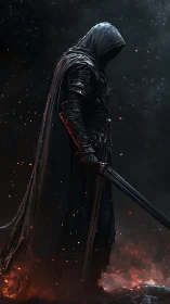 Hooded dark knight with sword amid embers at night.