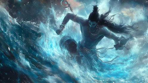 Storm-dancing deity carving luminous paths through ocean fury.