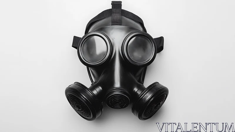 Black gas mask with dual filters on light background.