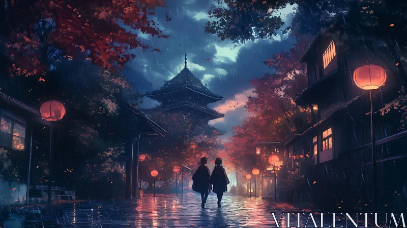 Two figures walk on a wet lantern-lit street toward pagoda