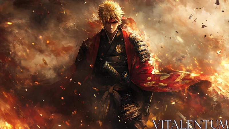 Samurai warrior in red armor amid swirling firestorm.