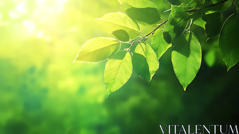 Sunlit Green Leaves Close-Up with Soft Bokeh Background.