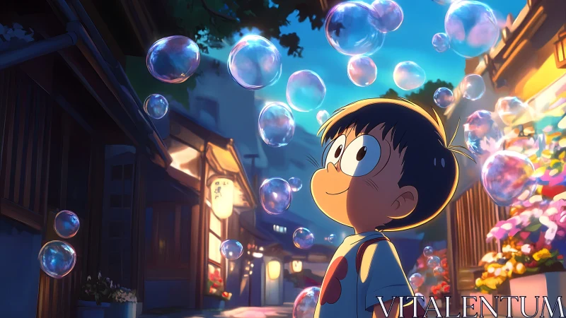 Anime boy walks through glowing bubbles on cozy street.
