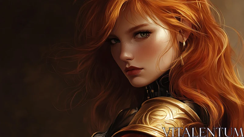 Fiery-haired warrior in ornate gilded armor portrait.