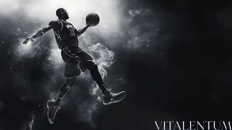Monochrome basketball dunk silhouette in dramatic backlight.