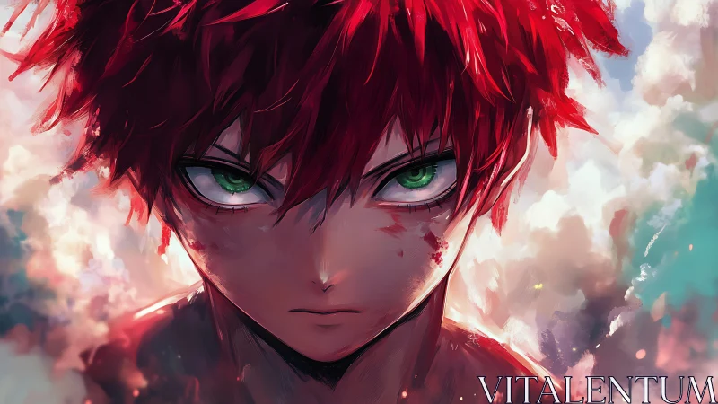 Intense red haired anime warrior with focused stare.