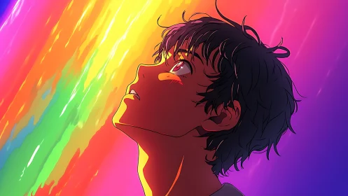 Chromatic light cascade reflecting in upward anime gaze.