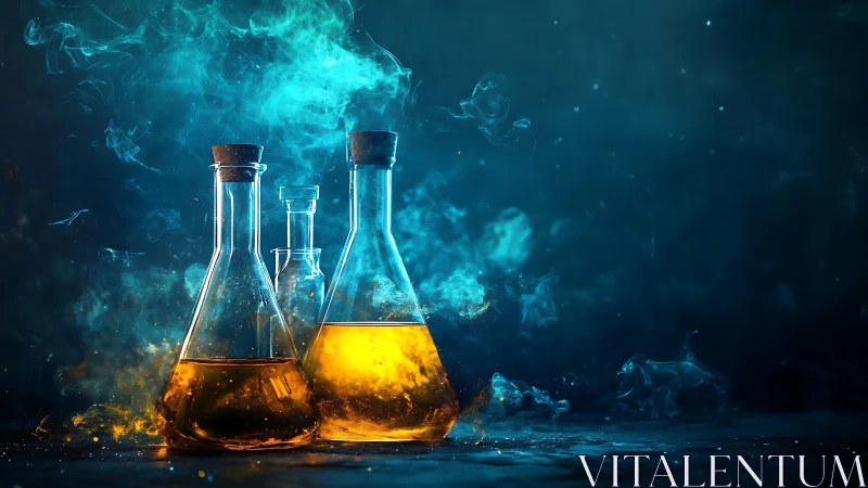 Glowing lab flasks with yellow liquid and blue rising smoke.
