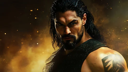 Warrior portrait under molten gold cinematic lighting.