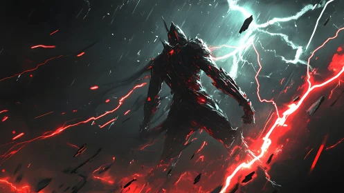 Armored humanoid stands in storm of red and blue lightning