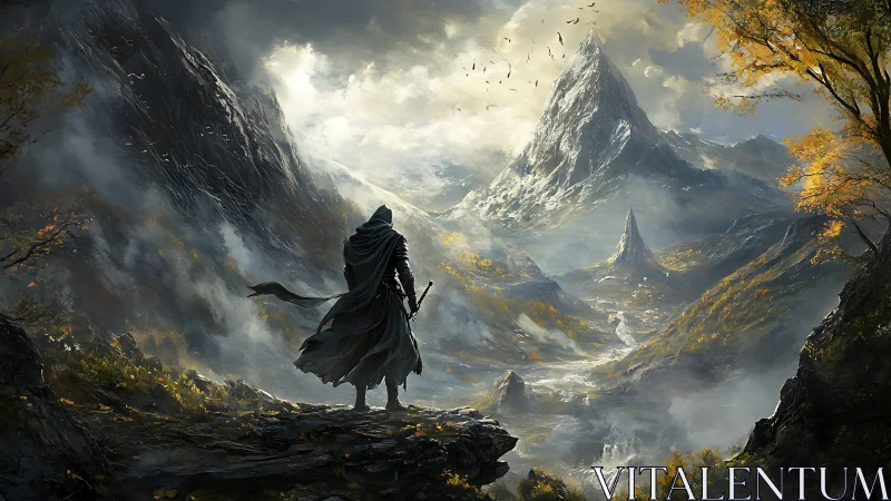 Cloaked wanderer weighs destiny beneath storm-stained peaks