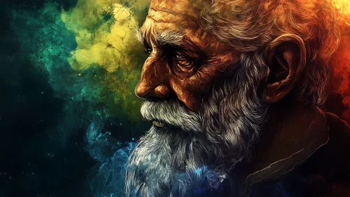Elderly male profile is rendered in textured digital color