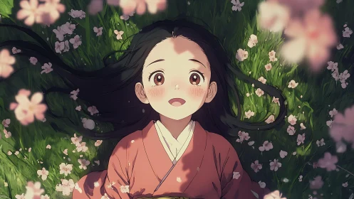 Spring-dazed girl among drifting cherry blossom confetti.