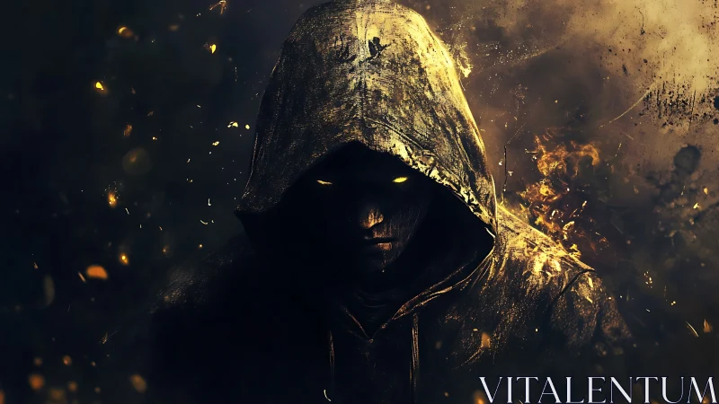 Hooded figure with glowing eyes emerges from burning shadows