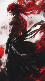 Scarlet-haired warrior in swirling red and black fury.